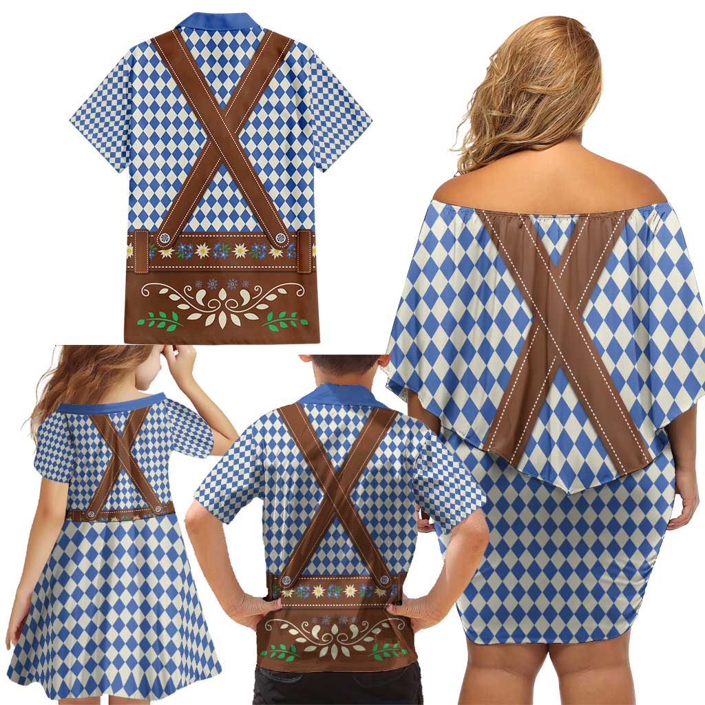 Lederhosen Oktoberfest Family Matching Off Shoulder Short Dress and Hawaiian Shirt Blue Edelweiss Floral Polka Dots - Wonder Print Shop