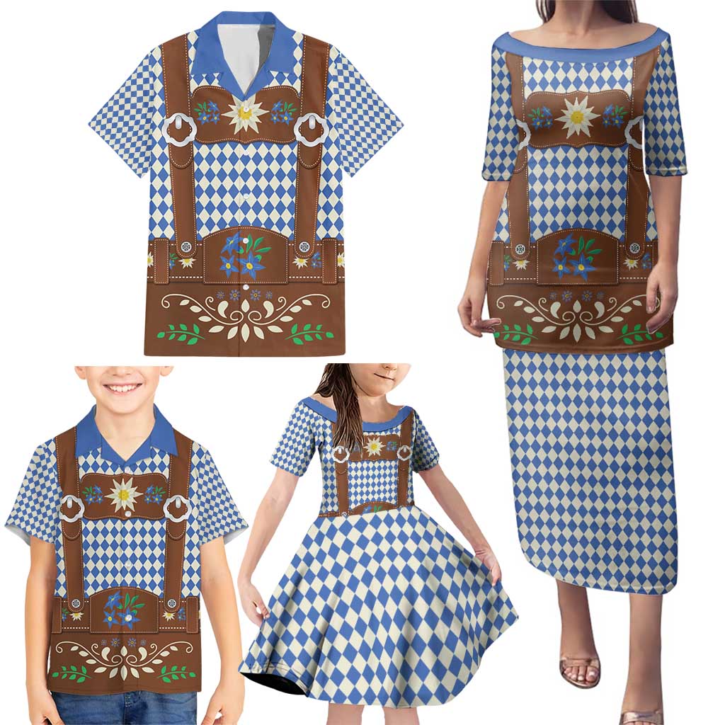 Lederhosen Oktoberfest Family Matching Puletasi and Hawaiian Shirt Blue Edelweiss Floral Polka Dots - Wonder Print Shop