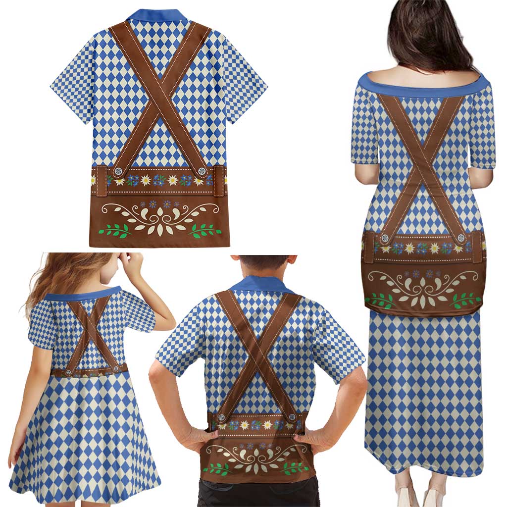 Lederhosen Oktoberfest Family Matching Puletasi and Hawaiian Shirt Blue Edelweiss Floral Polka Dots - Wonder Print Shop