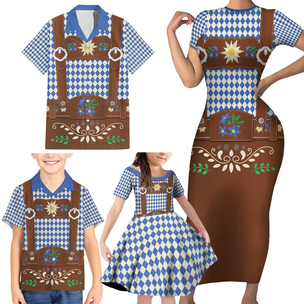 Lederhosen Oktoberfest Family Matching Short Sleeve Bodycon Dress and Hawaiian Shirt Blue Edelweiss Floral Polka Dots - Wonder Print Shop
