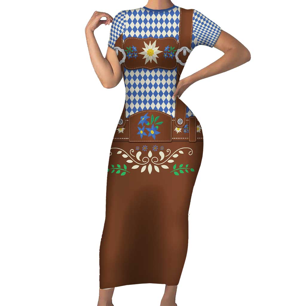 Lederhosen Oktoberfest Family Matching Short Sleeve Bodycon Dress and Hawaiian Shirt Blue Edelweiss Floral Polka Dots - Wonder Print Shop