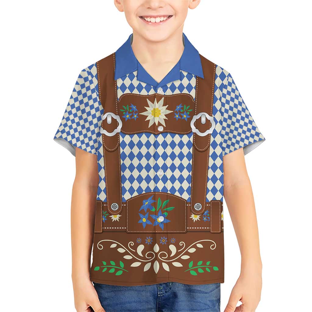 Lederhosen Oktoberfest Family Matching Short Sleeve Bodycon Dress and Hawaiian Shirt Blue Edelweiss Floral Polka Dots - Wonder Print Shop