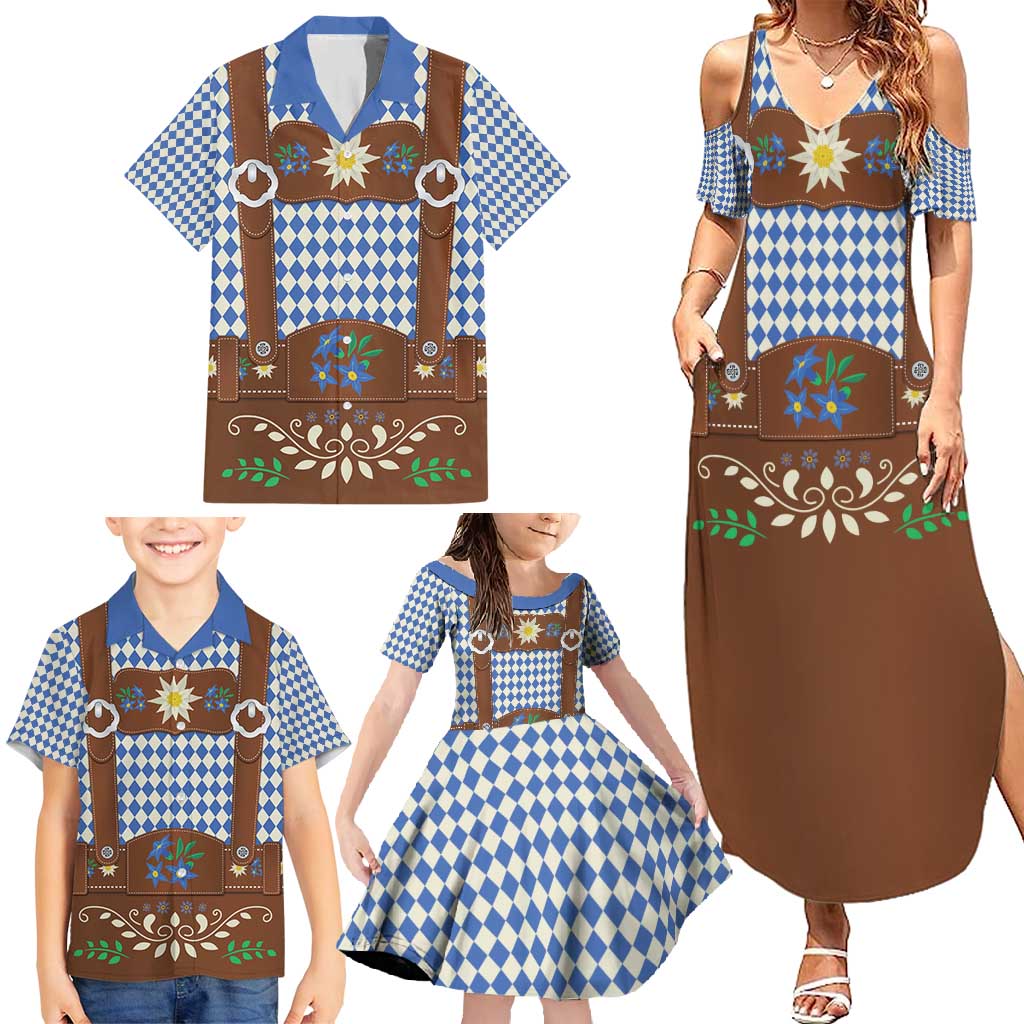 Lederhosen Oktoberfest Family Matching Summer Maxi Dress and Hawaiian Shirt Blue Edelweiss Floral Polka Dots - Wonder Print Shop