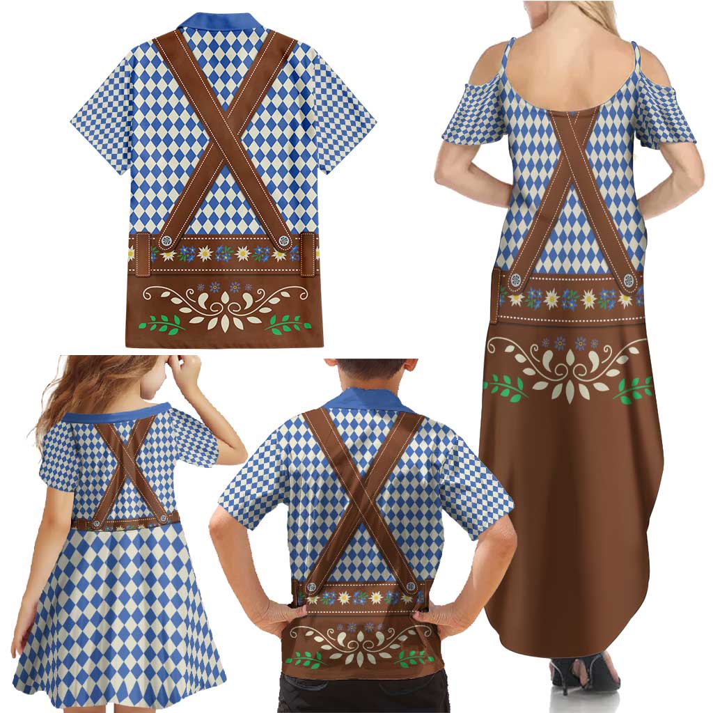 Lederhosen Oktoberfest Family Matching Summer Maxi Dress and Hawaiian Shirt Blue Edelweiss Floral Polka Dots - Wonder Print Shop