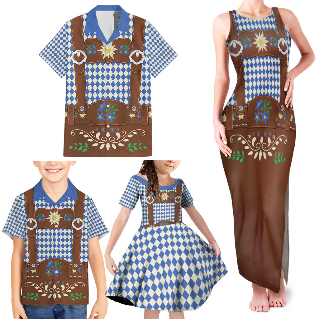 Lederhosen Oktoberfest Family Matching Tank Maxi Dress and Hawaiian Shirt Blue Edelweiss Floral Polka Dots - Wonder Print Shop