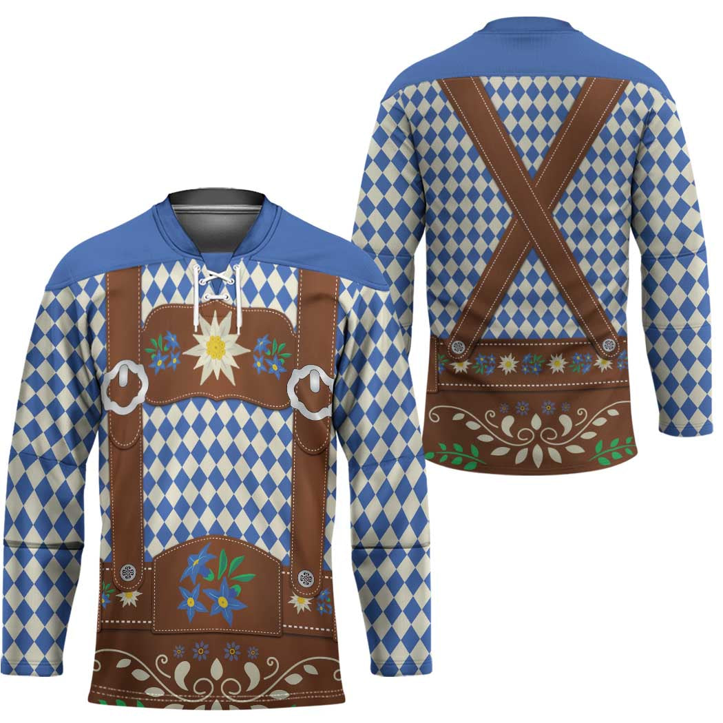 Lederhosen Oktoberfest Hockey Jersey Blue Edelweiss Floral Polka Dots - Wonder Print Shop