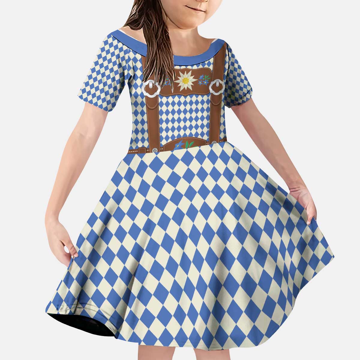 Lederhosen Oktoberfest Kid Short Sleeve Dress Blue Edelweiss Floral Polka Dots - Wonder Print Shop
