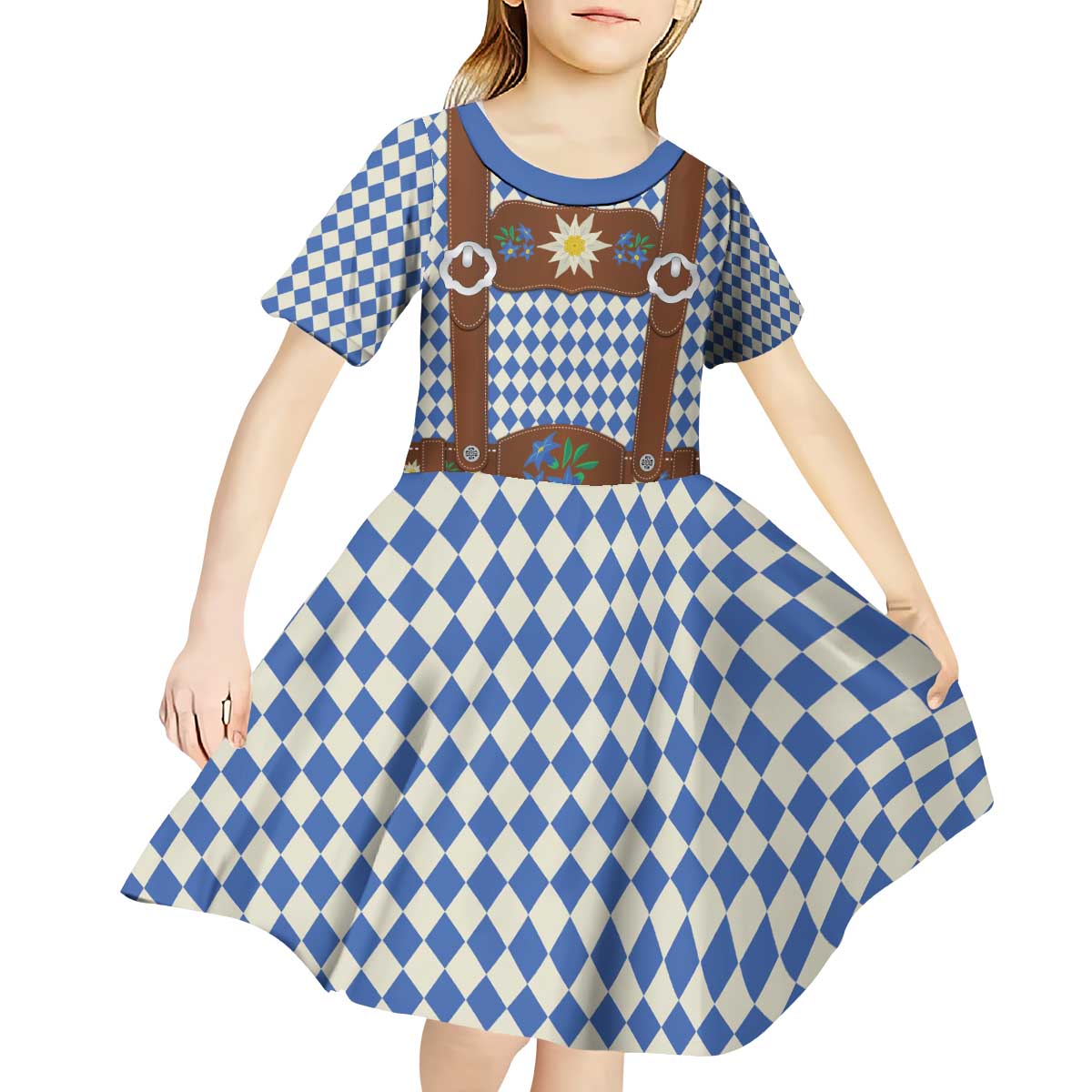 Lederhosen Oktoberfest Kid Short Sleeve Dress Blue Edelweiss Floral Polka Dots - Wonder Print Shop