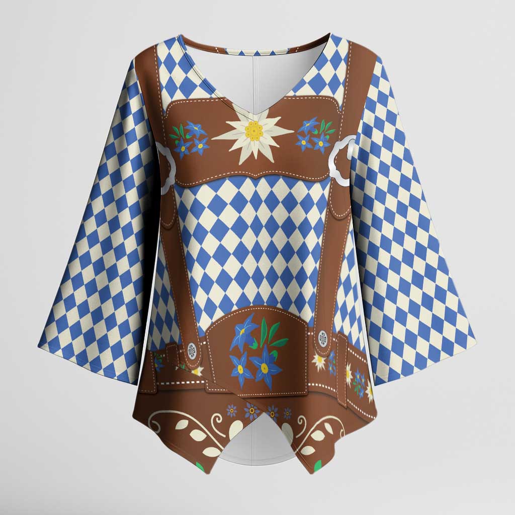 Lederhosen Oktoberfest Kimono Sleeve Blouse Blue Edelweiss Floral Polka Dots - Wonder Print Shop
