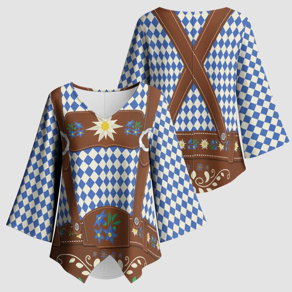 Lederhosen Oktoberfest Kimono Sleeve Blouse Blue Edelweiss Floral Polka Dots - Wonder Print Shop