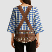Lederhosen Oktoberfest Kimono Sleeve Blouse Blue Edelweiss Floral Polka Dots - Wonder Print Shop