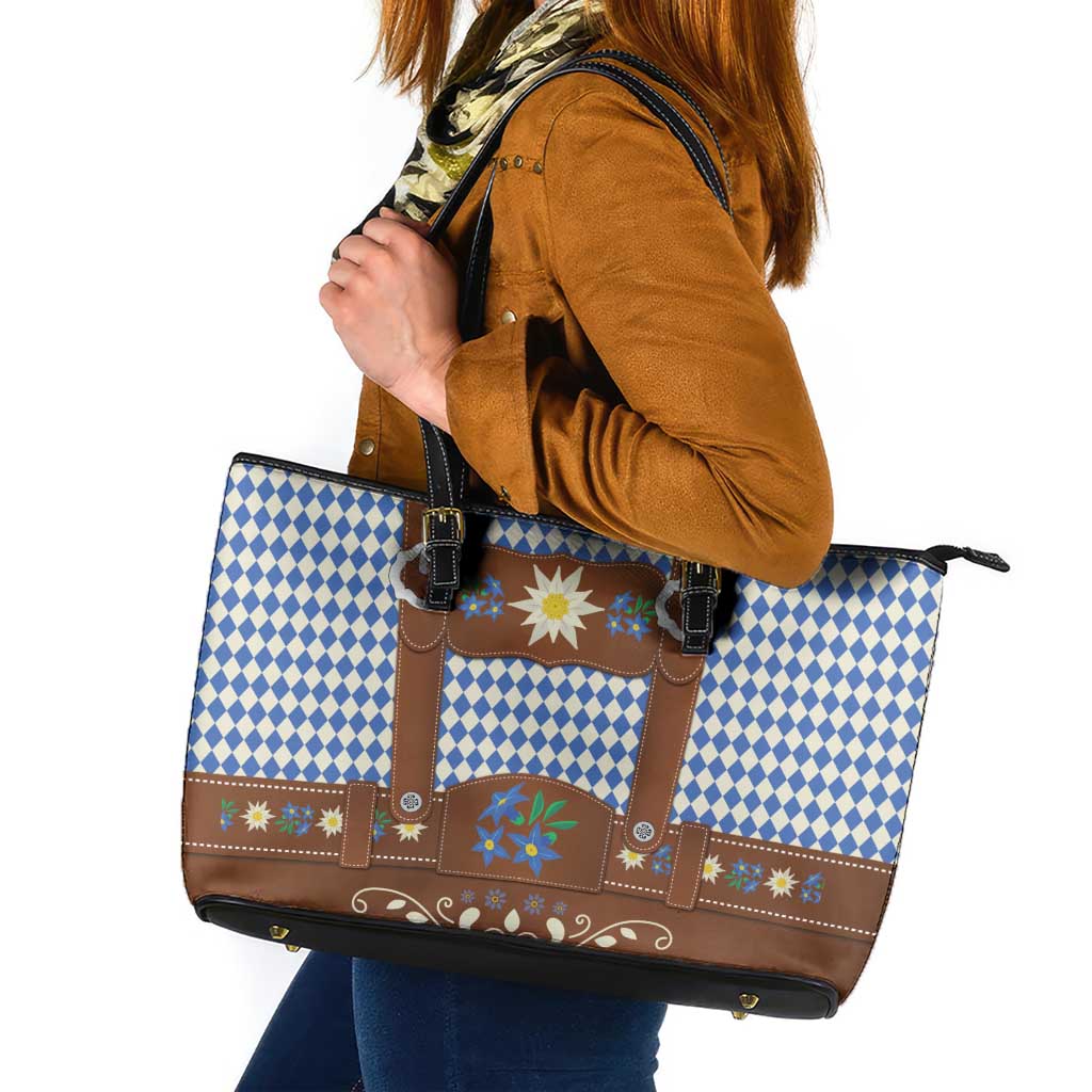 Lederhosen Oktoberfest Leather Tote Bag Blue Edelweiss Floral Polka Dots - Wonder Print Shop
