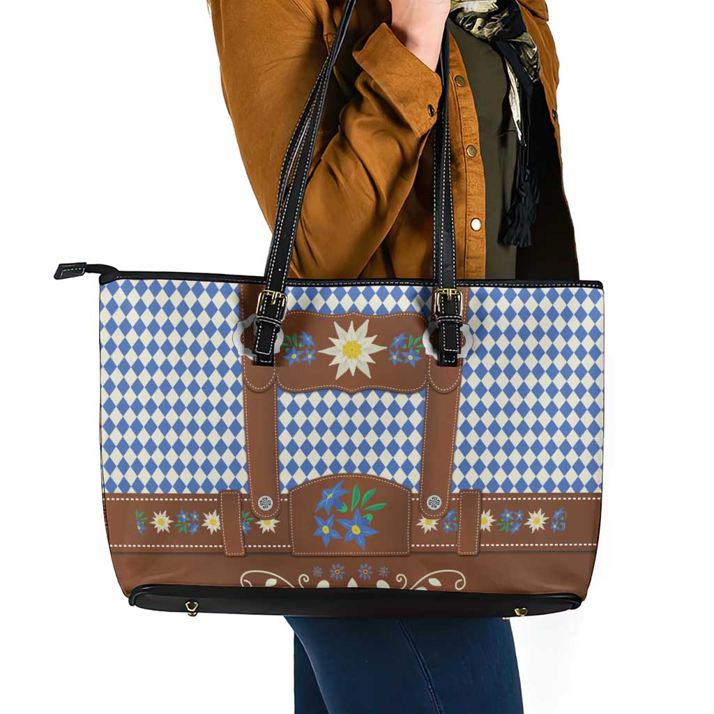 Lederhosen Oktoberfest Leather Tote Bag Blue Edelweiss Floral Polka Dots - Wonder Print Shop
