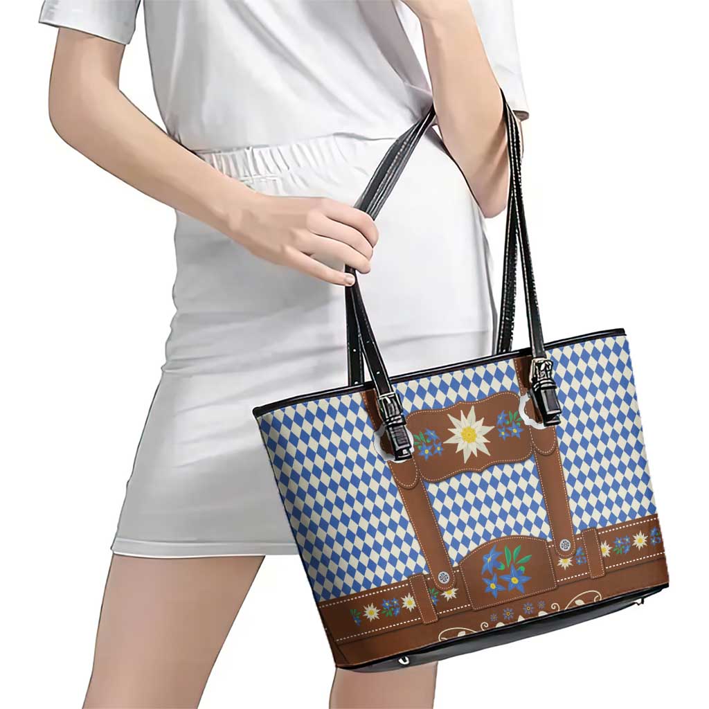 Lederhosen Oktoberfest Leather Tote Bag Blue Edelweiss Floral Polka Dots - Wonder Print Shop