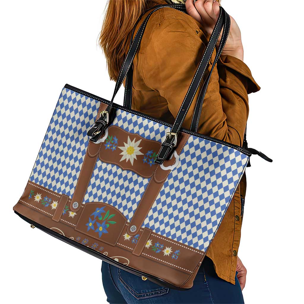 Lederhosen Oktoberfest Leather Tote Bag Blue Edelweiss Floral Polka Dots - Wonder Print Shop