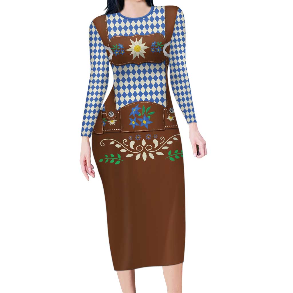 Lederhosen Oktoberfest Long Sleeve Bodycon Dress Blue Edelweiss Floral Polka Dots - Wonder Print Shop