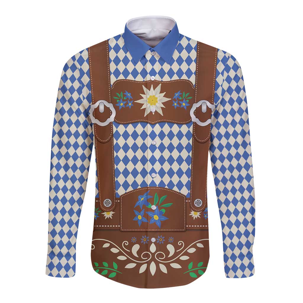 Lederhosen Oktoberfest Long Sleeve Button Shirt Blue Edelweiss Floral Polka Dots - Wonder Print Shop