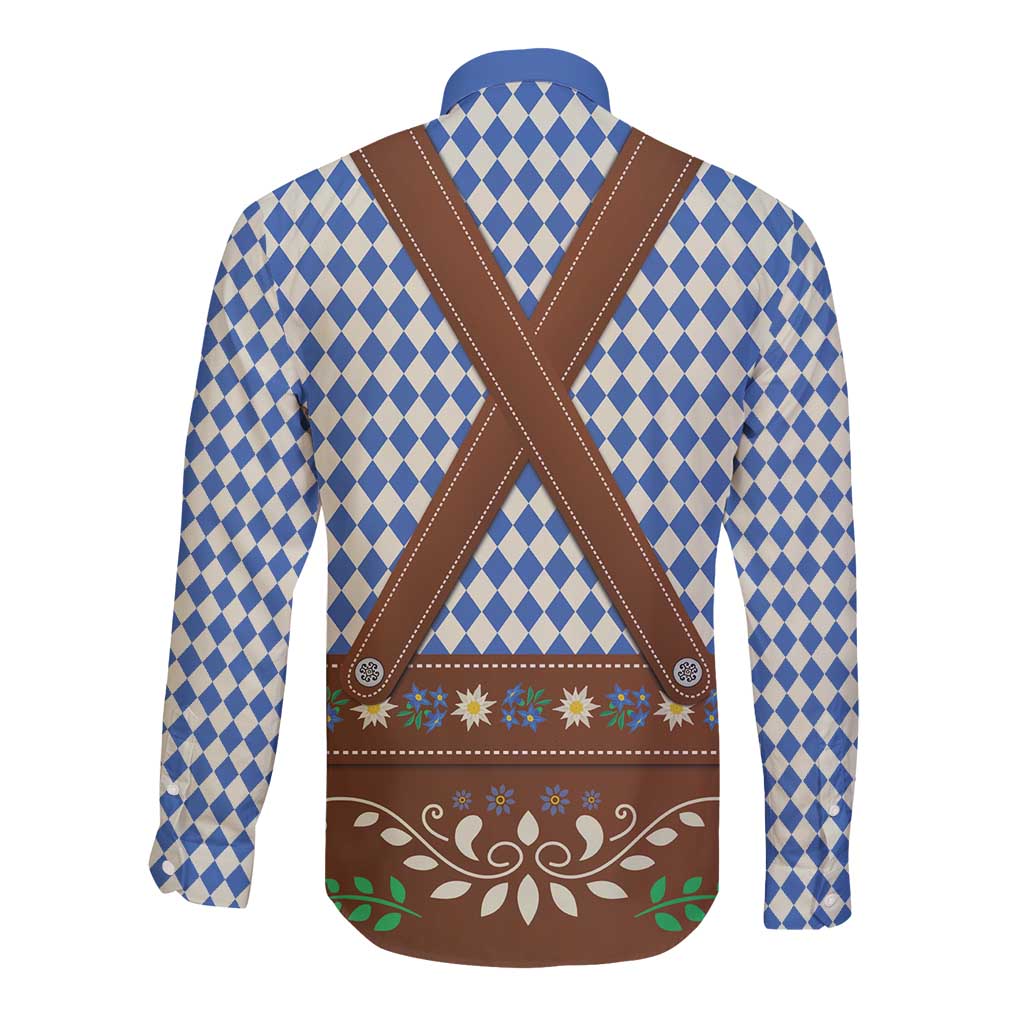 Lederhosen Oktoberfest Long Sleeve Button Shirt Blue Edelweiss Floral Polka Dots - Wonder Print Shop