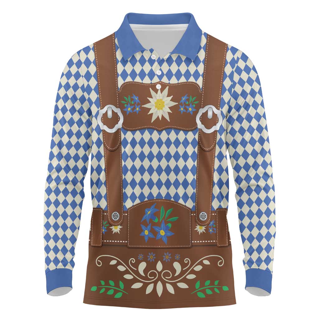 Lederhosen Oktoberfest Long Sleeve Polo Shirt Blue Edelweiss Floral Polka Dots - Wonder Print Shop