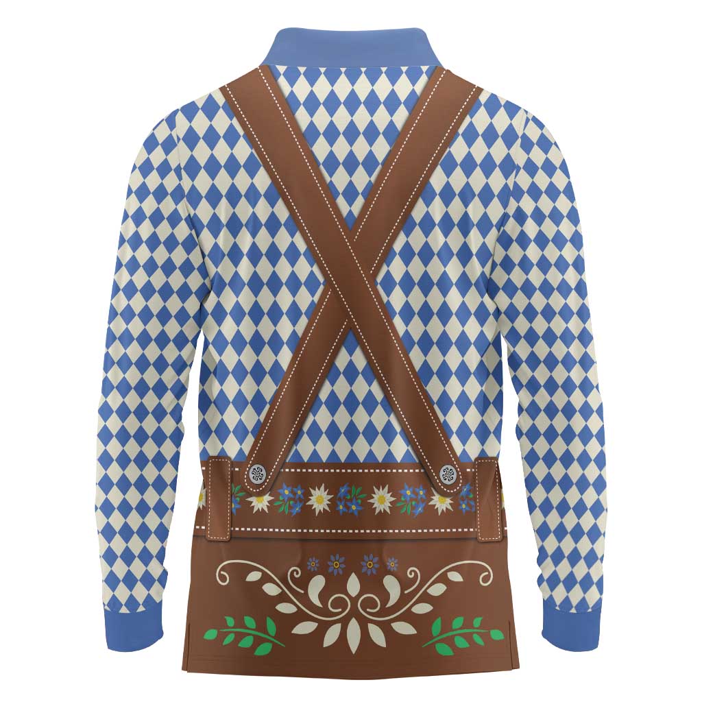 Lederhosen Oktoberfest Long Sleeve Polo Shirt Blue Edelweiss Floral Polka Dots - Wonder Print Shop