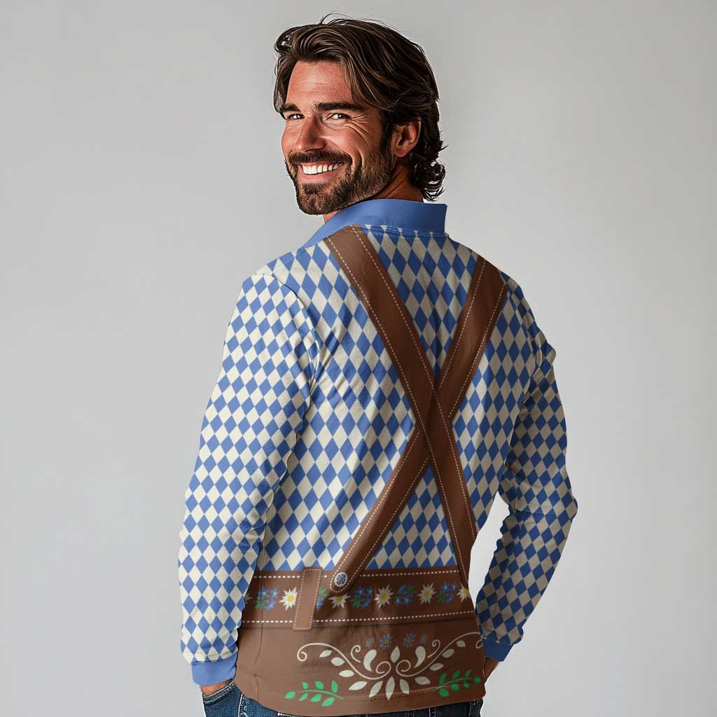 Lederhosen Oktoberfest Long Sleeve Polo Shirt Blue Edelweiss Floral Polka Dots - Wonder Print Shop