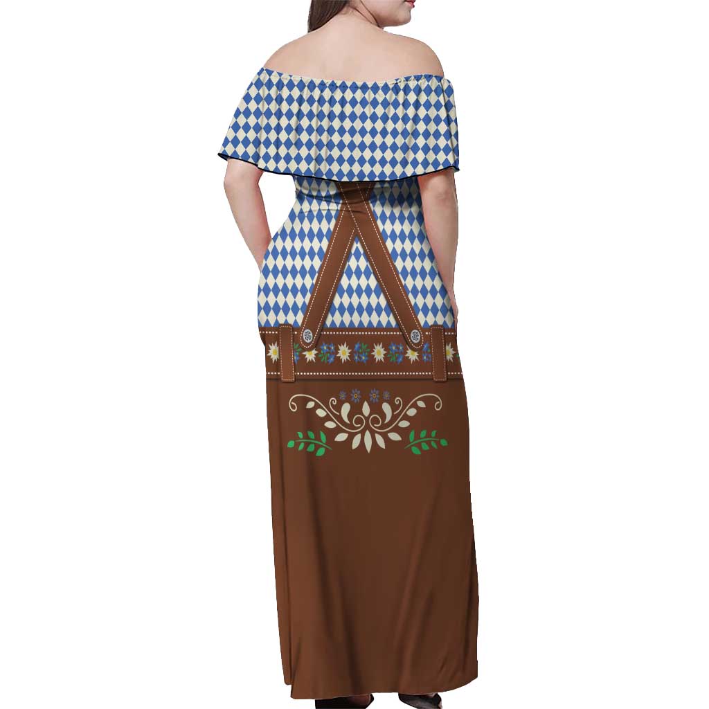 Lederhosen Oktoberfest Off Shoulder Maxi Dress Blue Edelweiss Floral Polka Dots - Wonder Print Shop
