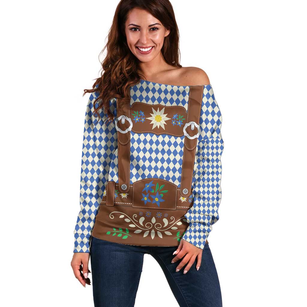 Lederhosen Oktoberfest Off Shoulder Sweater Blue Edelweiss Floral Polka Dots - Wonder Print Shop
