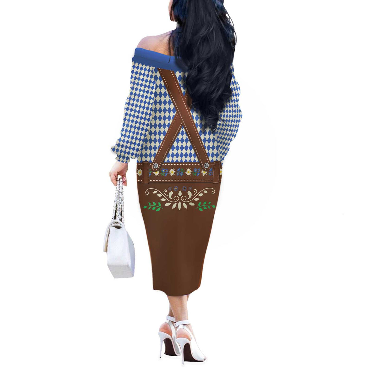 Lederhosen Oktoberfest Off The Shoulder Long Sleeve Dress Blue Edelweiss Floral Polka Dots - Wonder Print Shop