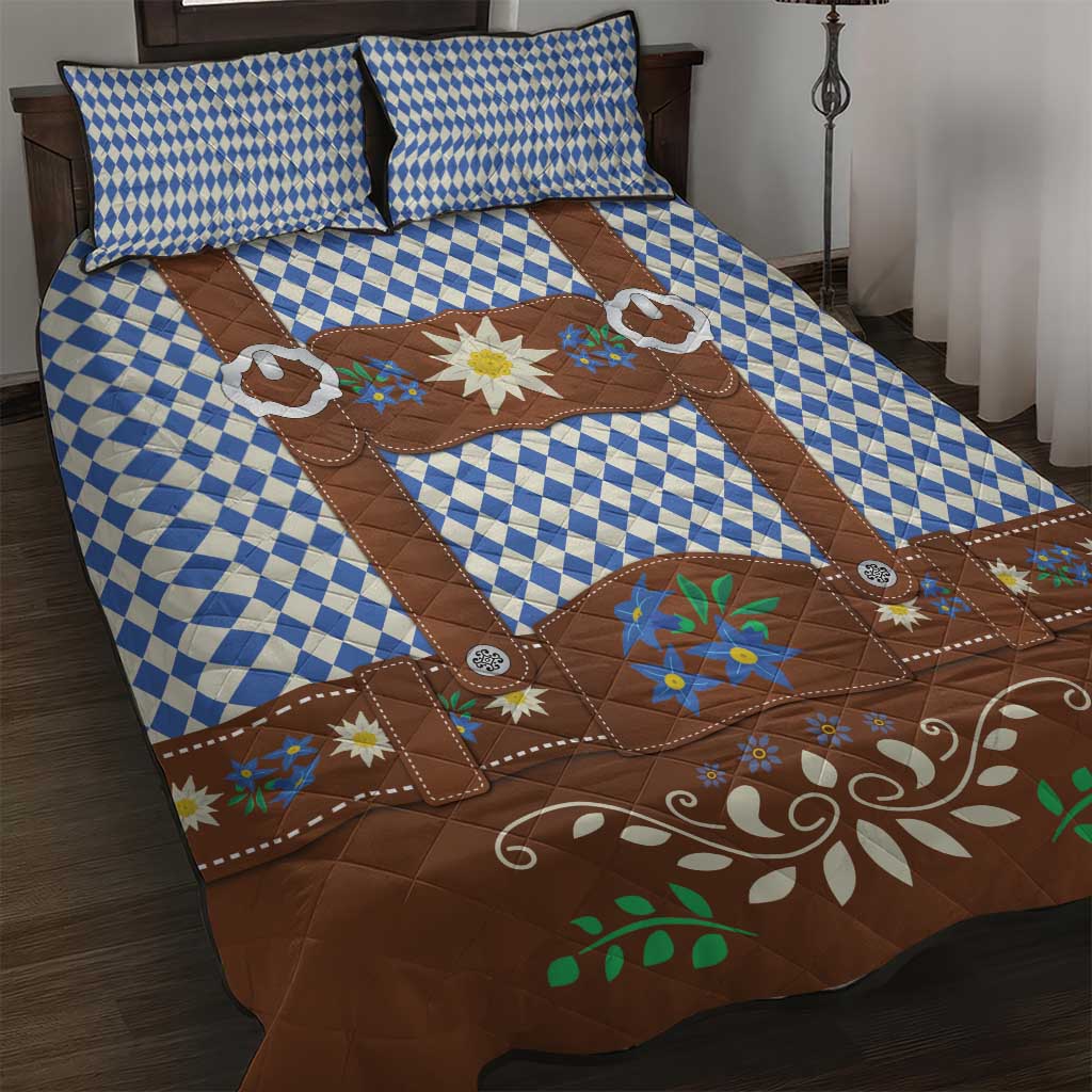 Lederhosen Oktoberfest Quilt Bed Set Blue Edelweiss Floral Polka Dots - Wonder Print Shop