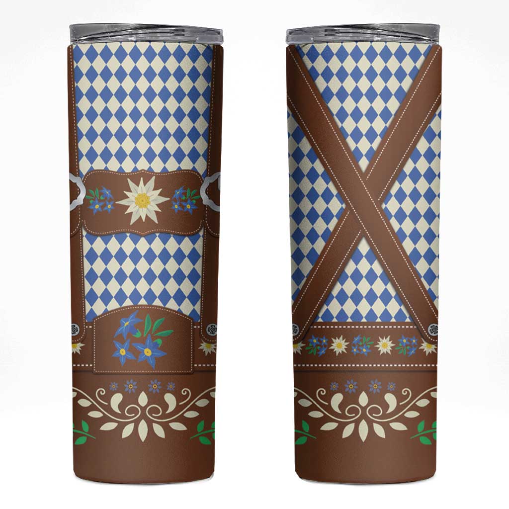 Lederhosen Oktoberfest Skinny Tumbler Blue Edelweiss Floral Polka Dots - Wonder Print Shop