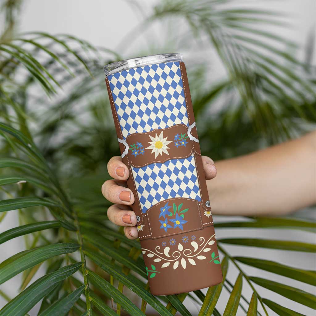 Lederhosen Oktoberfest Skinny Tumbler Blue Edelweiss Floral Polka Dots - Wonder Print Shop