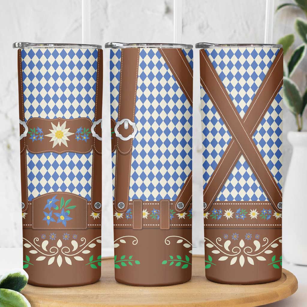 Lederhosen Oktoberfest Skinny Tumbler Blue Edelweiss Floral Polka Dots - Wonder Print Shop
