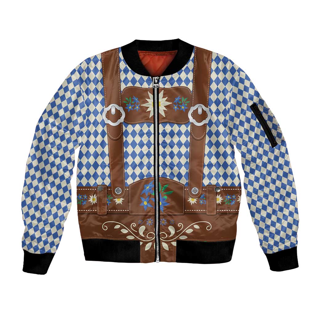 Lederhosen Oktoberfest Sleeve Zip Bomber Jacket Blue Edelweiss Floral Polka Dots - Wonder Print Shop