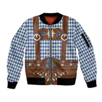 Lederhosen Oktoberfest Sleeve Zip Bomber Jacket Blue Edelweiss Floral Polka Dots - Wonder Print Shop