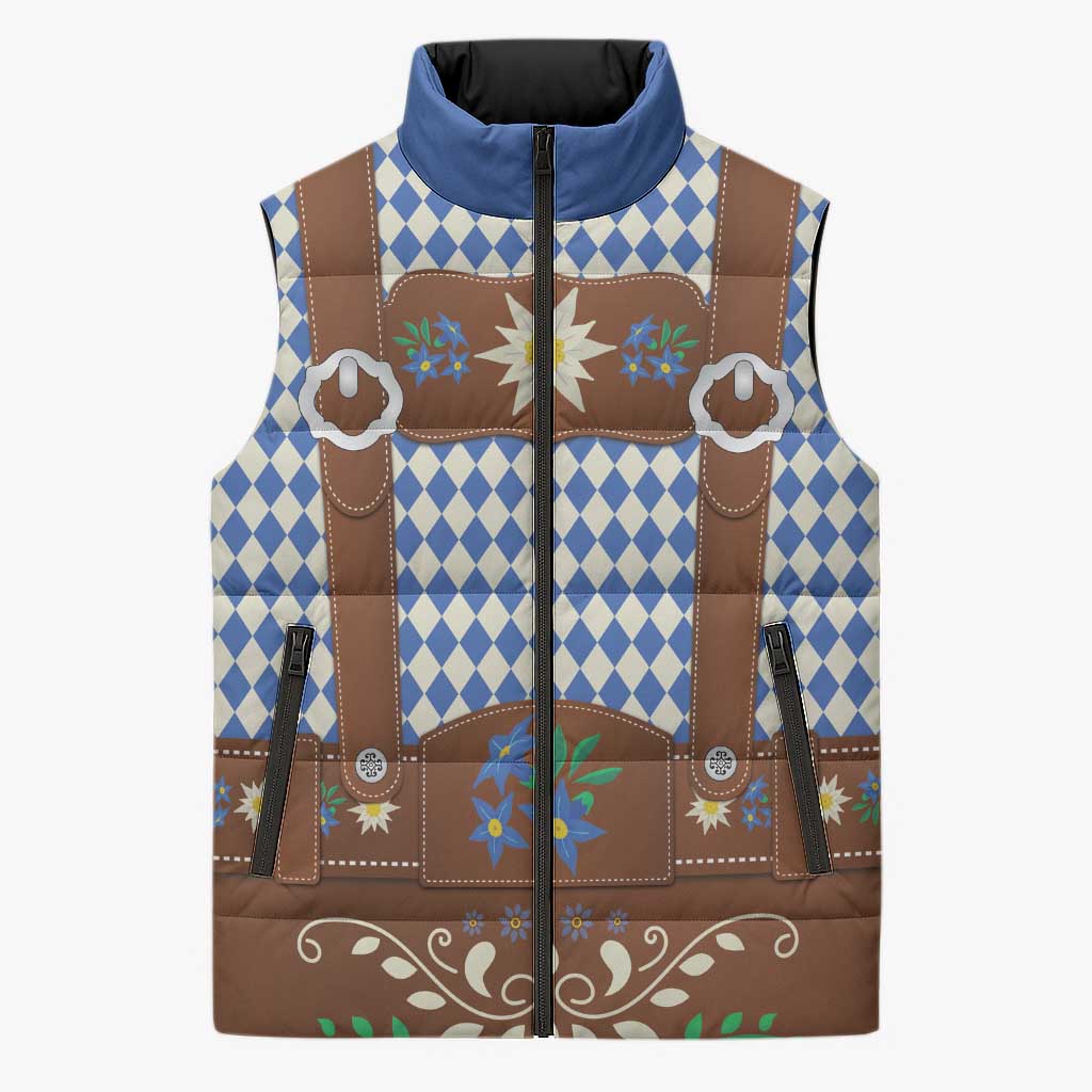 Lederhosen Oktoberfest Sleeveless Puffer Jacket Blue Edelweiss Floral Polka Dots - Wonder Print Shop