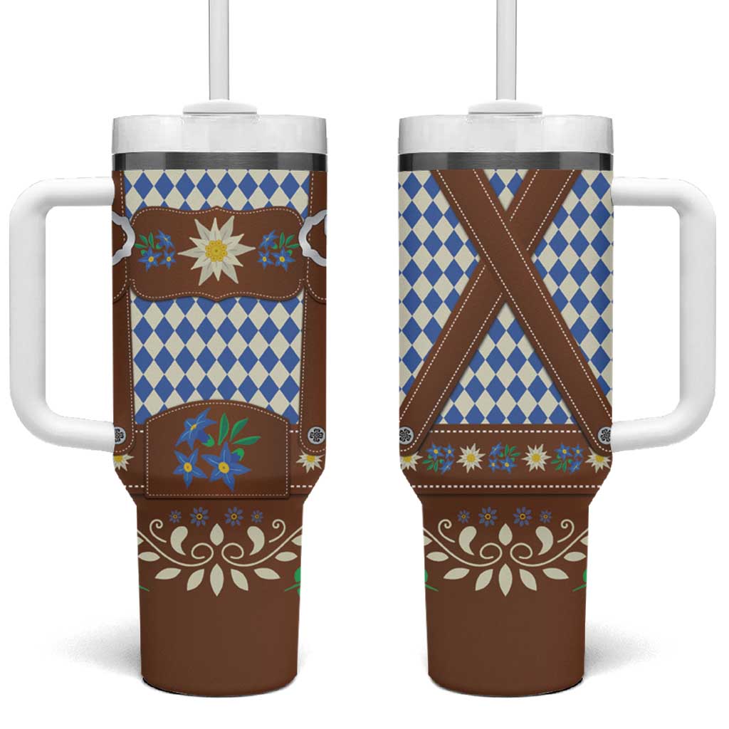Lederhosen Oktoberfest Tumbler With Handle Blue Edelweiss Floral Polka Dots - Wonder Print Shop