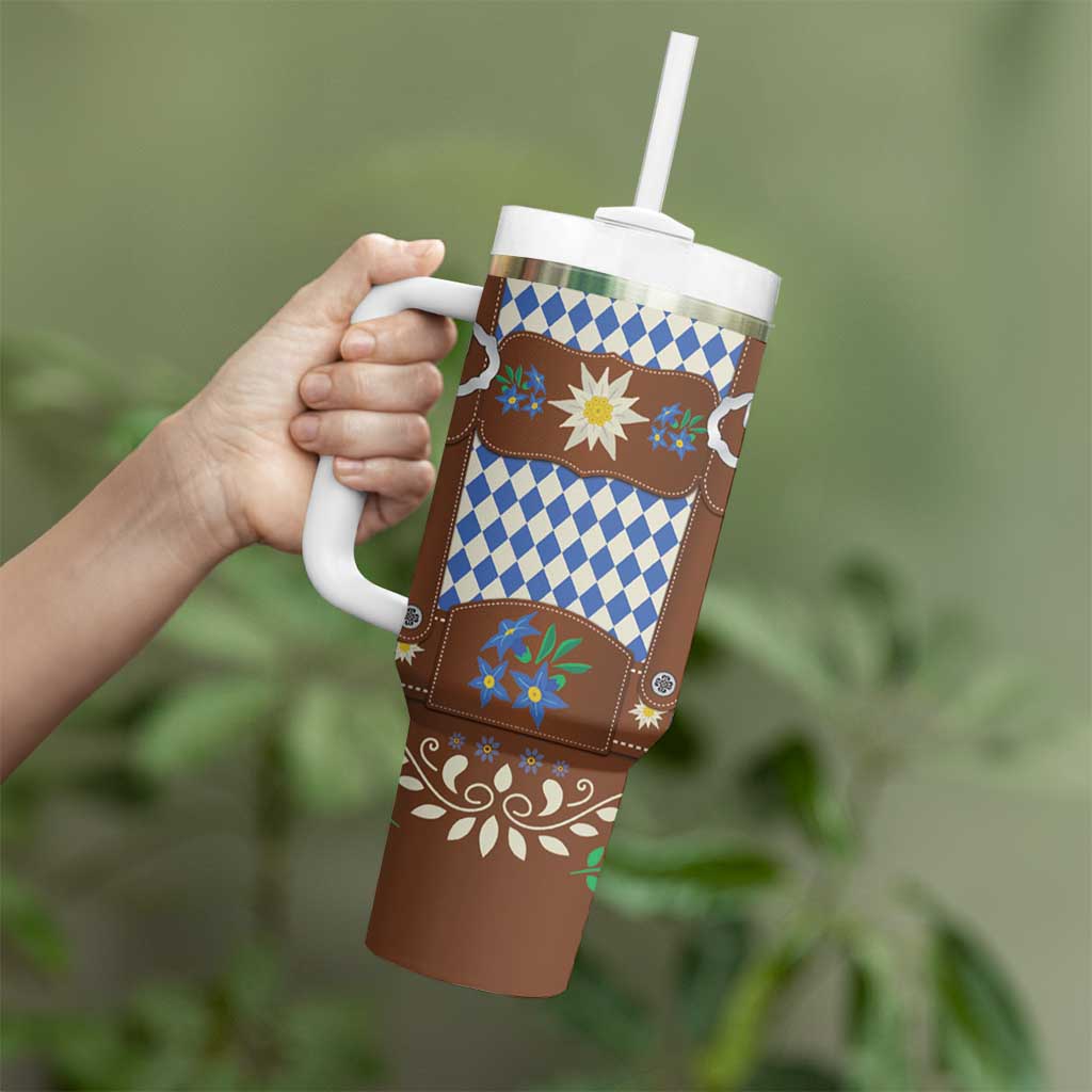 Lederhosen Oktoberfest Tumbler With Handle Blue Edelweiss Floral Polka Dots - Wonder Print Shop