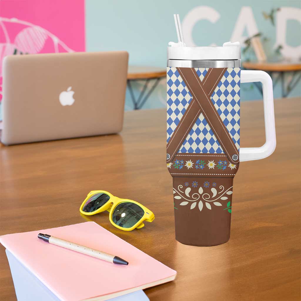 Lederhosen Oktoberfest Tumbler With Handle Blue Edelweiss Floral Polka Dots - Wonder Print Shop