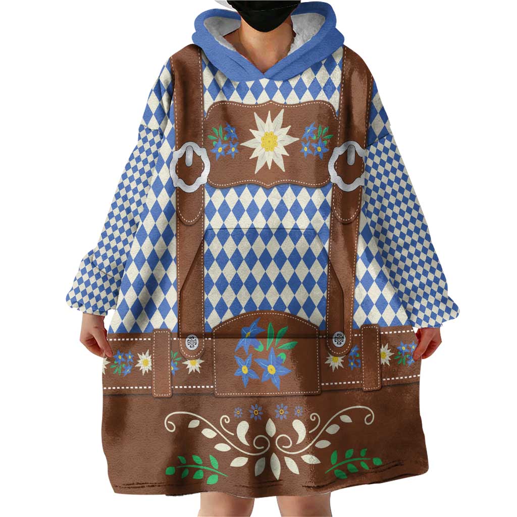 Lederhosen Oktoberfest Wearable Blanket Hoodie Blue Edelweiss Floral Polka Dots - Wonder Print Shop