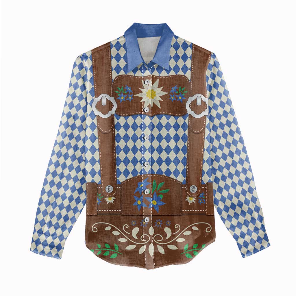 Lederhosen Oktoberfest Women Casual Shirt Blue Edelweiss Floral Polka Dots - Wonder Print Shop