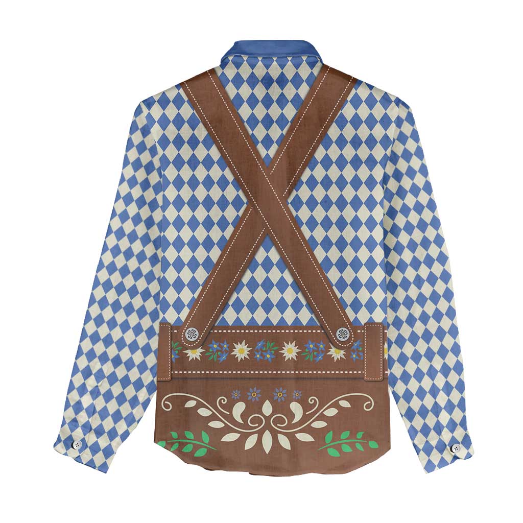 Lederhosen Oktoberfest Women Casual Shirt Blue Edelweiss Floral Polka Dots - Wonder Print Shop
