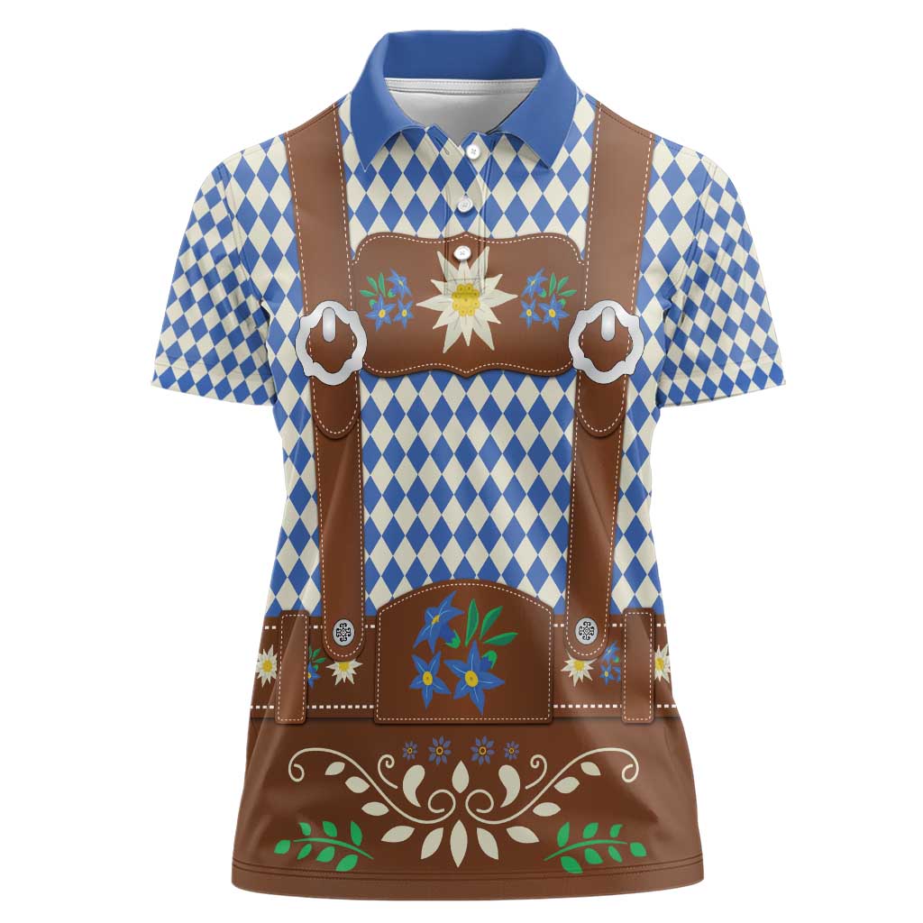 Lederhosen Oktoberfest Women Polo Shirt Blue Edelweiss Floral Polka Dots - Wonder Print Shop