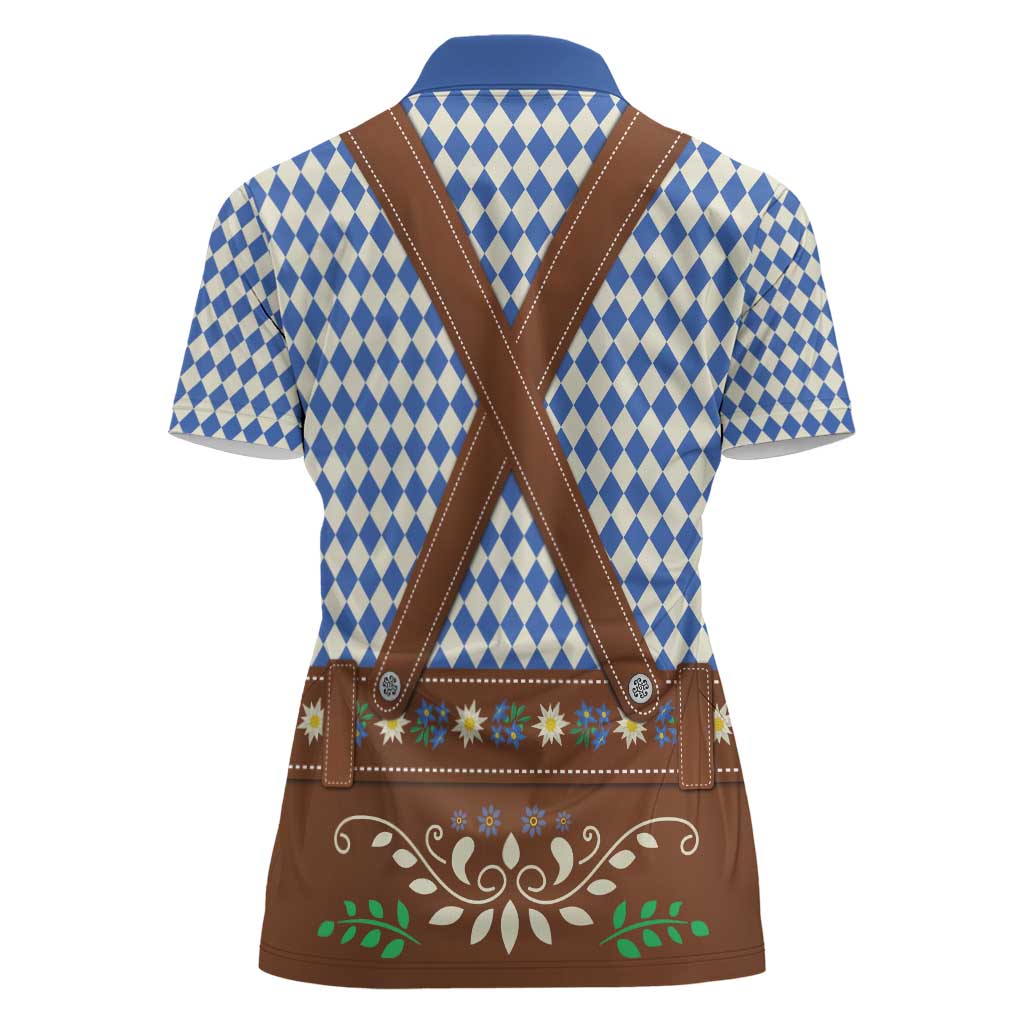 Lederhosen Oktoberfest Women Polo Shirt Blue Edelweiss Floral Polka Dots - Wonder Print Shop