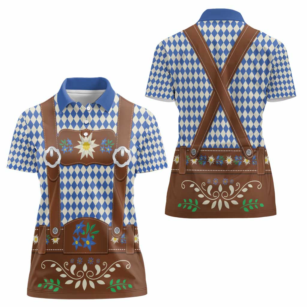 Lederhosen Oktoberfest Women Polo Shirt Blue Edelweiss Floral Polka Dots - Wonder Print Shop