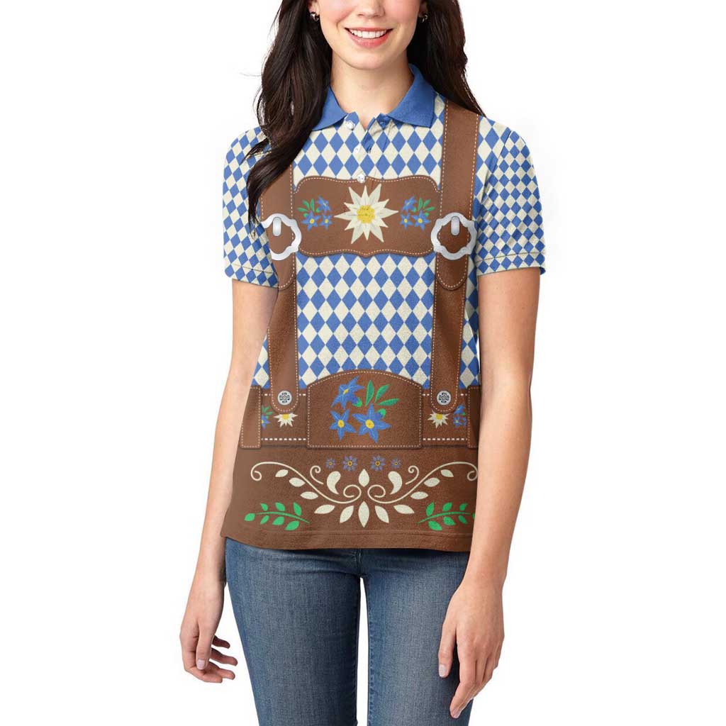 Lederhosen Oktoberfest Women Polo Shirt Blue Edelweiss Floral Polka Dots - Wonder Print Shop