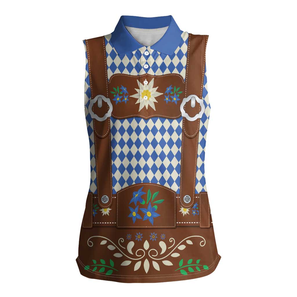 Lederhosen Oktoberfest Women Sleeveless Polo Shirt Blue Edelweiss Floral Polka Dots - Wonder Print Shop