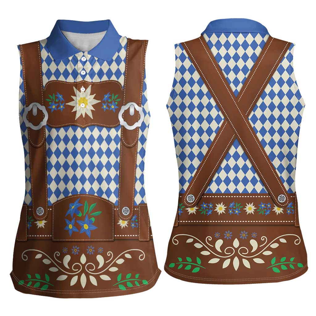 Lederhosen Oktoberfest Women Sleeveless Polo Shirt Blue Edelweiss Floral Polka Dots - Wonder Print Shop