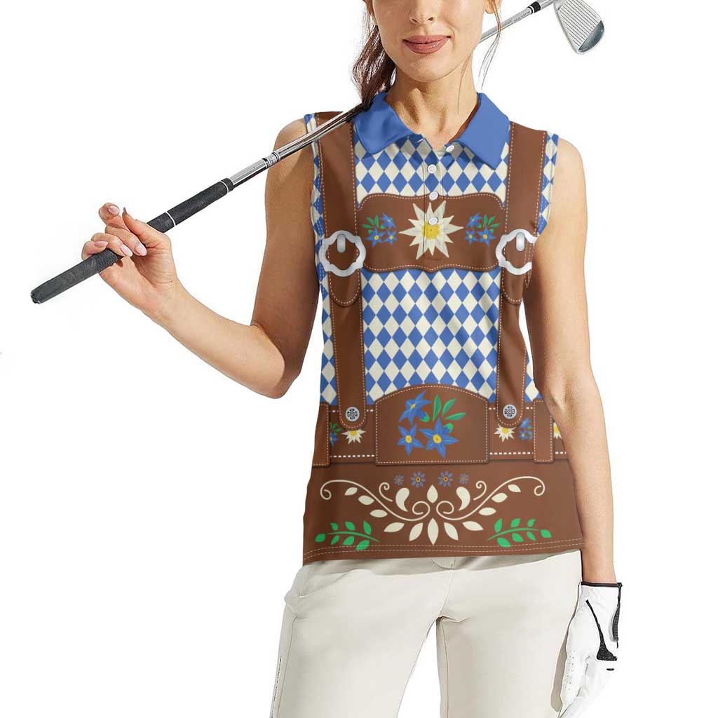 Lederhosen Oktoberfest Women Sleeveless Polo Shirt Blue Edelweiss Floral Polka Dots - Wonder Print Shop