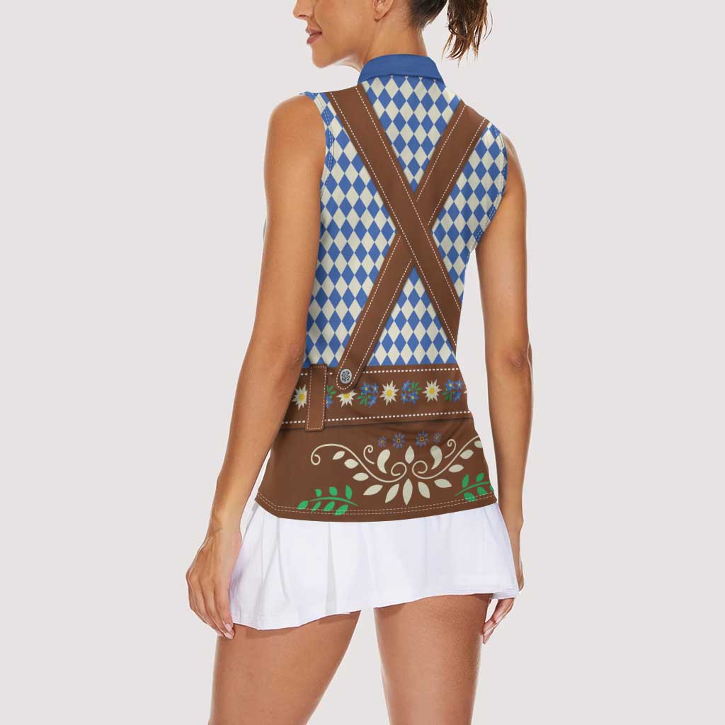 Lederhosen Oktoberfest Women Sleeveless Polo Shirt Blue Edelweiss Floral Polka Dots - Wonder Print Shop