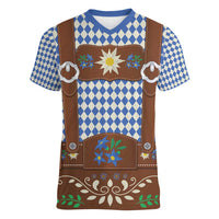 Lederhosen Oktoberfest Women V-Neck T-Shirt Blue Edelweiss Floral Polka Dots - Wonder Print Shop
